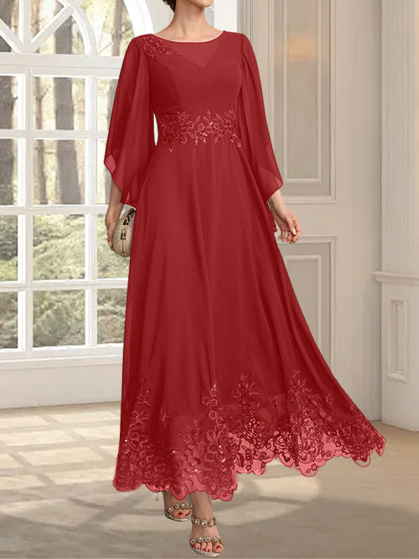 Robe de mère de la mariée en mousseline de dentelle, coupe trapèze, décolleté illusion, longueur cheville, ornée de sequins 