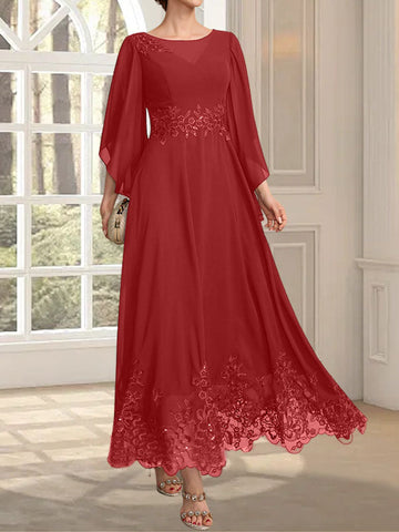 A-line Scoop Illusion Ankle-Length Lace Chiffon Mother of the Bride Dress With Sequins