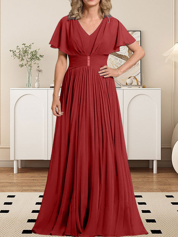 Vestido de gasa de corte A, escote en V, largo hasta el suelo, para la madre de la novia, con broche de cristal y pliegues. 