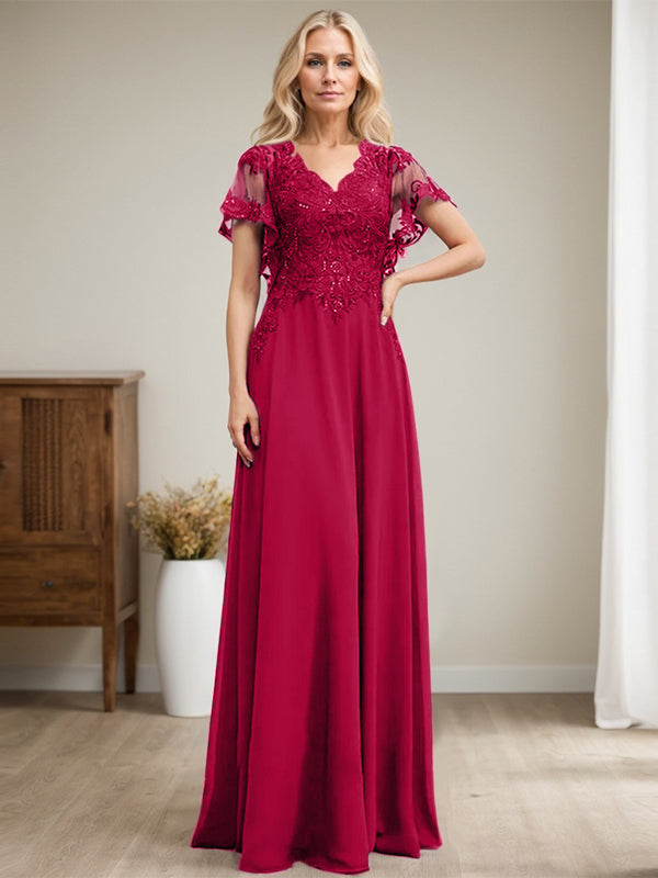 Vestido de novia de corte A, escote en V, largo hasta el suelo, de gasa de encaje con lentejuelas para la madre de la novia 