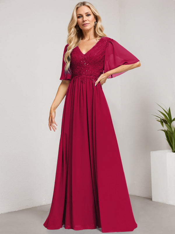 Vestido de novia de corte A, escote en V, largo hasta el suelo, de gasa de encaje con lentejuelas para la madre de la novia 