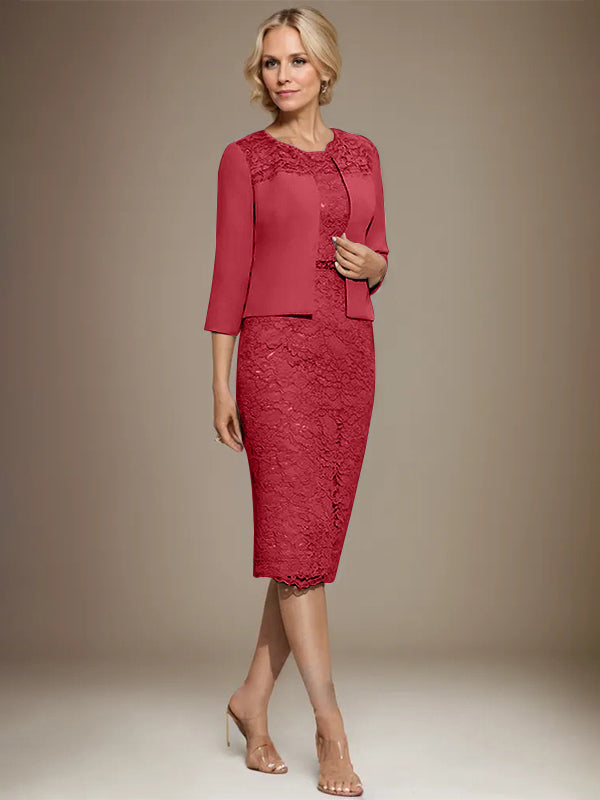Vestido de novia de gasa con encaje, corte recto y escote redondo hasta la rodilla, con pedrería, para la madre de la novia. 