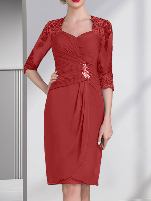Vestido de corte recto/columna, escote corazón, largo hasta la rodilla, de gasa, con apliques de cuentas, encaje, lentejuelas y pliegues para la madre de la novia.