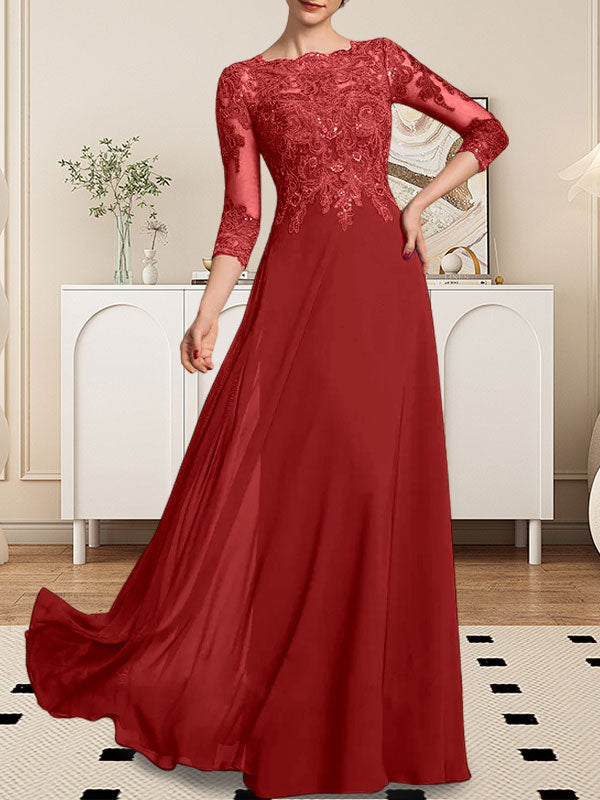 Vestido de novia de corte línea A, escote redondo, largo hasta el suelo, de encaje y gasa con lentejuelas.