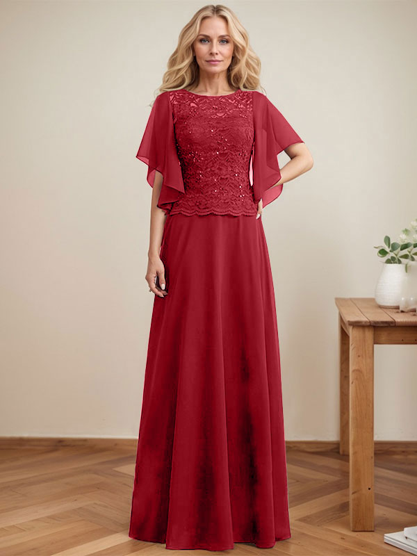 Vestido de novia de corte A, escote redondo, ilusión, largo hasta el suelo, de encaje y gasa con lentejuelas. 