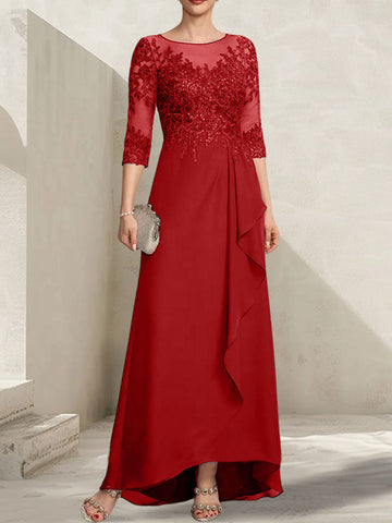 A-line Scoop Illusion Asymmetrical Lace Chiffon Mother of the Bride Dress With Sequins Cascading Ruffles