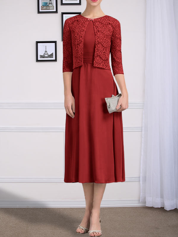 Vestido de chifón de corte línea A, largo té, para la madre de la novia, con escote redondo y pliegues.