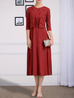 Vestido de chifón de corte línea A, largo té, para la madre de la novia, con escote redondo y pliegues.