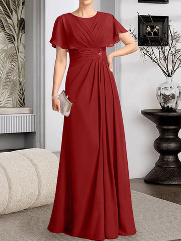 A-line Scoop Floor-Length Chiffon Mother of the Bride Dress With Pleated Beading