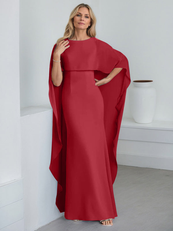Robe fourreau longue en mousseline de soie pour la mère de la mariée, ornée de volants cascade, avec décolleté arrondi. 