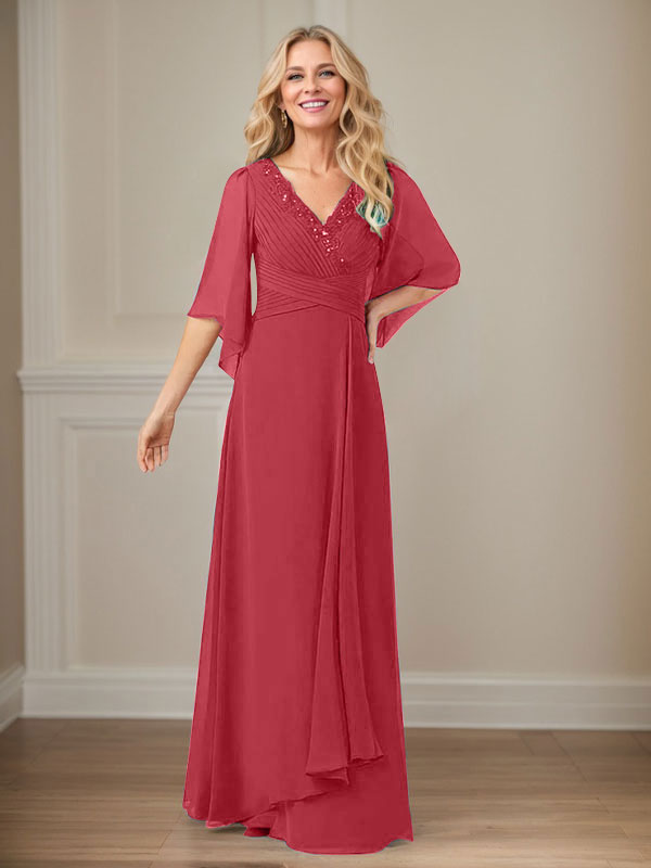 Robe de mère longue en mousseline à sequins, coupe trapèze et col en V