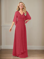 Robe de mère longue en mousseline à sequins, coupe trapèze et col en V