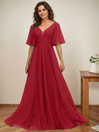 Vestido de corte A, escote en V, largo hasta el suelo, de gasa, para la madre de la novia, con apliques de lentejuelas y encaje plisado. 
