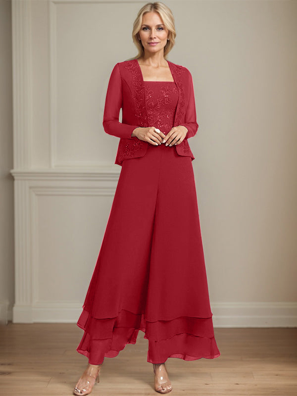 Conjunto de pantalón y chaqueta de dos piezas, corte cuadrado, largo hasta el tobillo, encaje, gasa, vestido de madre de la novia con lentejuelas 
