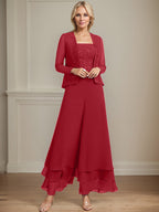 Conjunto de pantalón y chaqueta de dos piezas, corte cuadrado, largo hasta el tobillo, encaje, gasa, vestido de madre de la novia con lentejuelas 