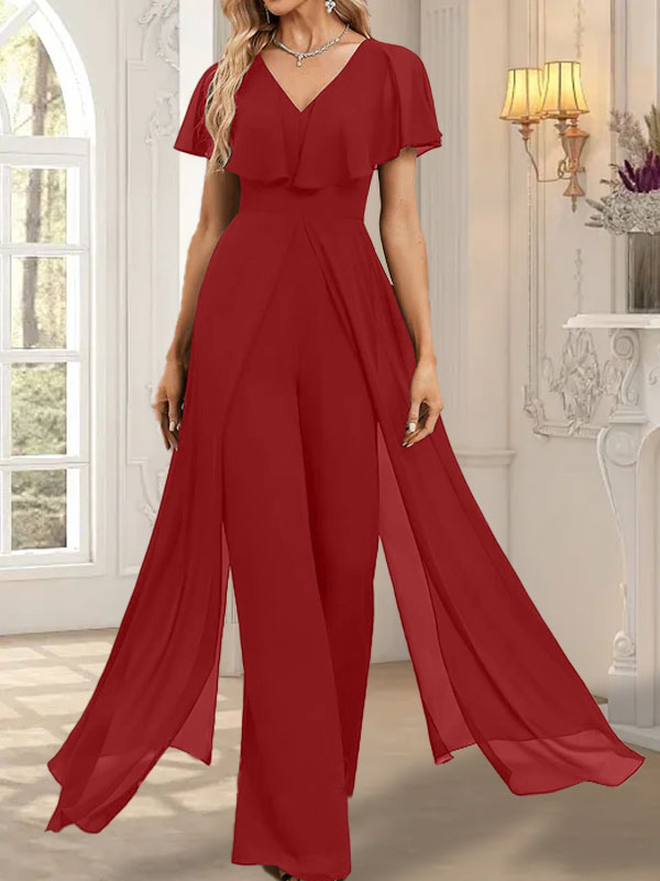 Combinaison-pantalon robe de soirée longue en mousseline à col en V