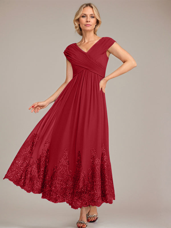 Vestido de gasa de corte evasé, escote en V, largo hasta el tobillo, para la madre de la novia, con apliques de lentejuelas. 