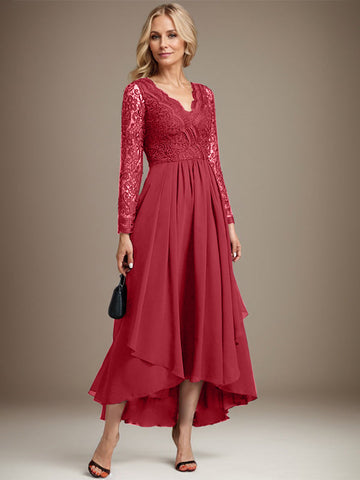 A-line V-Neck Asymmetrical Lace Chiffon Mother of the Bride Dress