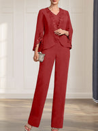 Combinaison/Tailleur-pantalon deux pièces, robe longue en mousseline à col V pour la mère de la mariée