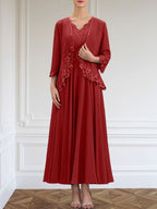 Vestido de corte A, escote en V, largo hasta el tobillo, de gasa, para la madre de la novia, con apliques de lentejuelas, encaje y pedrería.