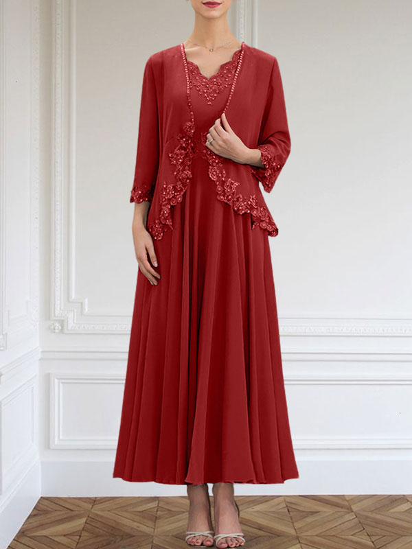 Vestido de corte A, escote en V, largo hasta el tobillo, de gasa, para la madre de la novia, con apliques de lentejuelas, encaje y pedrería.