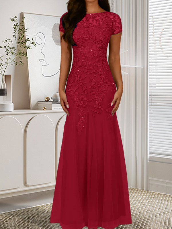 Robe sirène bleu marine foncé à sequins et tulle, décolleté rond, robe en tulle bleu marine foncé