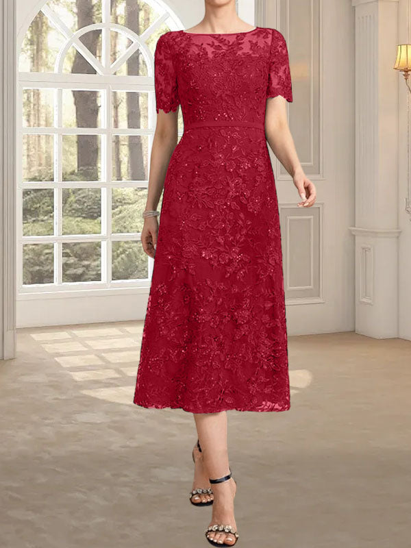Robe de mère de la mariée en dentelle à sequins, coupe trapèze, décolleté illusion, longueur thé