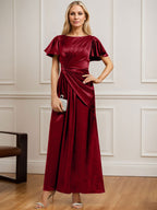 Robe de mère de la mariée en satin stretch, coupe trapèze, longueur cheville, décolleté rond et ornée de perles plissées 