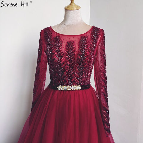 Vestido de noche de tul rojo vino con corte en A y mangas largas con cristales, vestido formal de lujo 2025 LA70280 