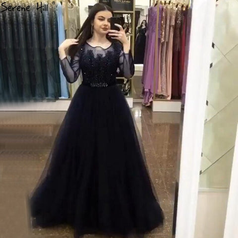 Vestido de noche de tul rojo vino con corte en A y mangas largas con cristales, vestido formal de lujo 2025 LA70280 