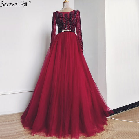 Vestido de noche de tul rojo vino con corte en A y mangas largas con cristales, vestido formal de lujo 2025 LA70280 
