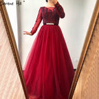 Wine Red A-Line Tulle Design Evening Dresses Long Sleeves Crystal Luxury Formal Dress 2025 LA70280