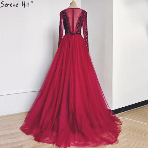 Vestido de noche de tul rojo vino con corte en A y mangas largas con cristales, vestido formal de lujo 2025 LA70280 