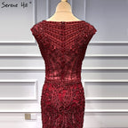 Wine Red Dubai Crystal O-Neck Evening Dresses Mermaid Sleeveless Luxury Formal Dress Real Photo LA60980