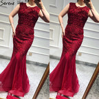 Wine Red Dubai Crystal O-Neck Evening Dresses Mermaid Sleeveless Luxury Formal Dress Real Photo LA60980