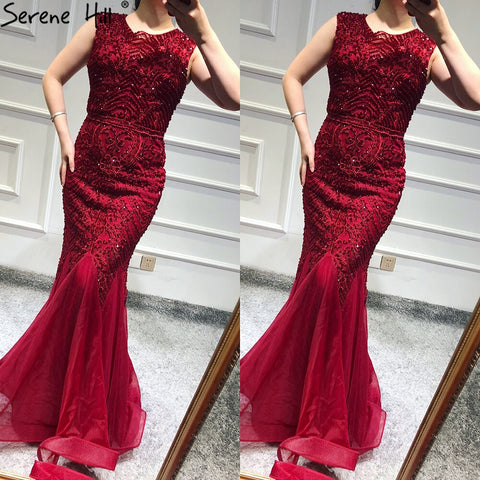Vestido de noche de sirena sin mangas con cuello redondo y cristales de Dubái en color rojo vino, vestido formal de lujo, foto real LA60980 