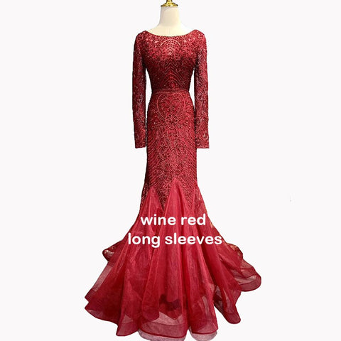 Vestido de noche de sirena sin mangas con cuello redondo y cristales de Dubái en color rojo vino, vestido formal de lujo, foto real LA60980 