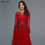 Pink  A-Line Dubai Design Feathers Long Sleeves Luxury Beaded Evening Dresses Gowns For Women Party 2025 LA60836