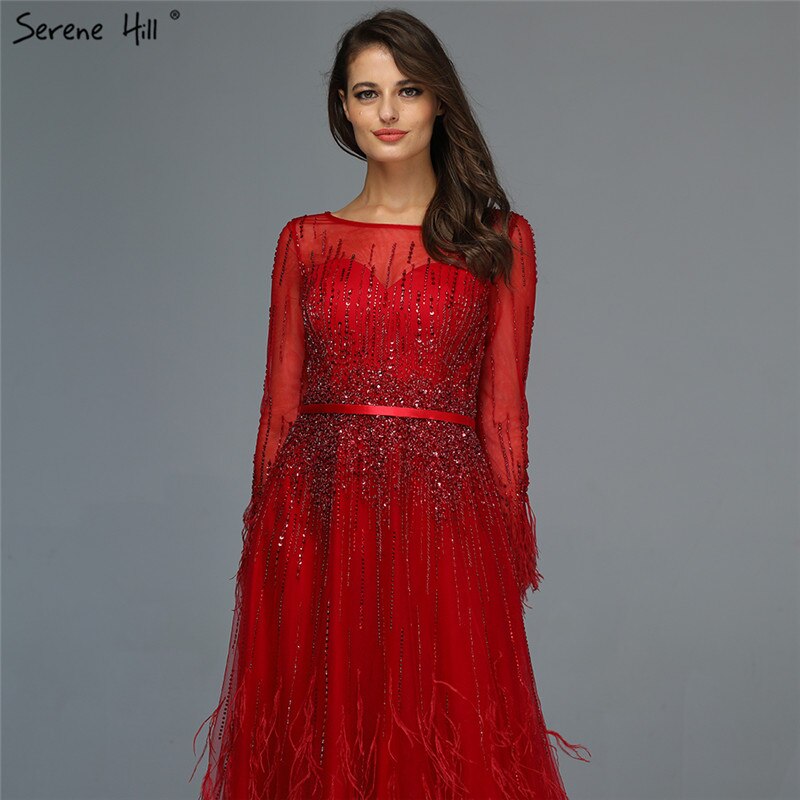 Pink  A-Line Dubai Design Feathers Long Sleeves Luxury Beaded Evening Dresses Gowns For Women Party 2025 LA60836