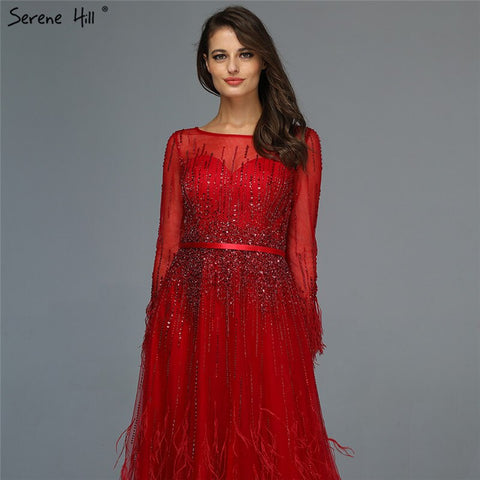 Vestido de noche rosa de corte A con diseño de Dubái, plumas, mangas largas, lujoso, con cuentas, para mujer, fiesta 2025, LA60836 