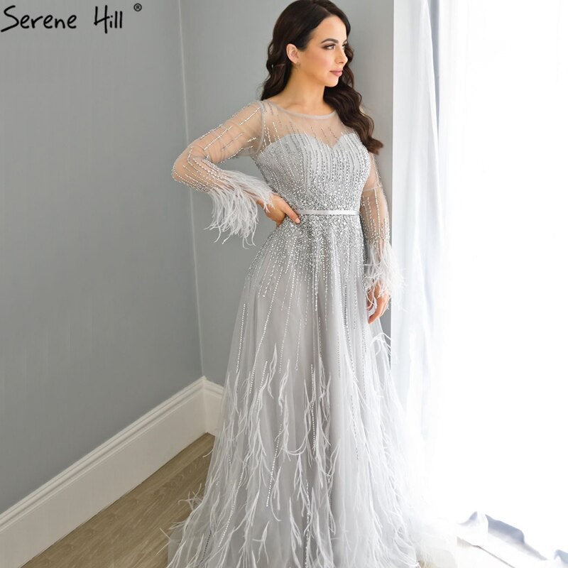 Pink  A-Line Dubai Design Feathers Long Sleeves Luxury Beaded Evening Dresses Gowns For Women Party 2025 LA60836