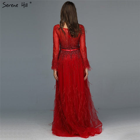 Vestido de noche rosa de corte A con diseño de Dubái, plumas, mangas largas, lujoso, con cuentas, para mujer, fiesta 2025, LA60836 