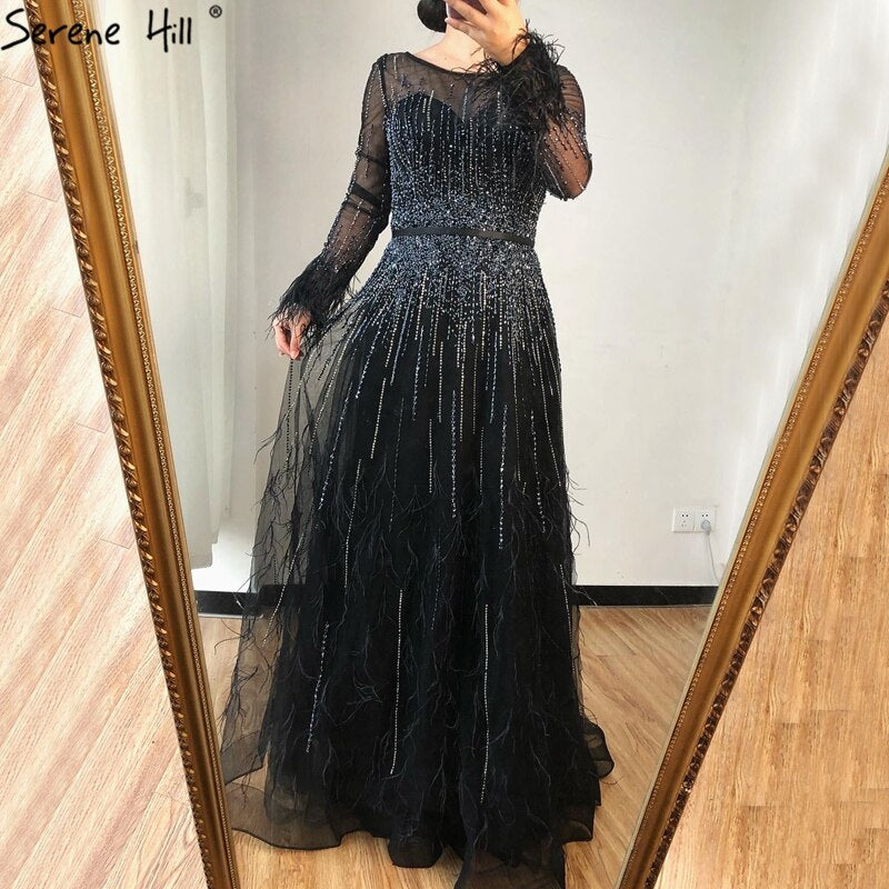 Pink  A-Line Dubai Design Feathers Long Sleeves Luxury Beaded Evening Dresses Gowns For Women Party 2025 LA60836