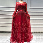 Pink  A-Line Dubai Design Feathers Long Sleeves Luxury Beaded Evening Dresses Gowns For Women Party 2025 LA60836