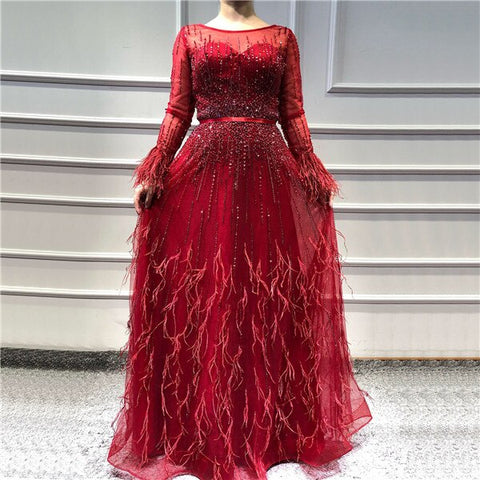 Vestido de noche rosa de corte A con diseño de Dubái, plumas, mangas largas, lujoso, con cuentas, para mujer, fiesta 2025, LA60836 