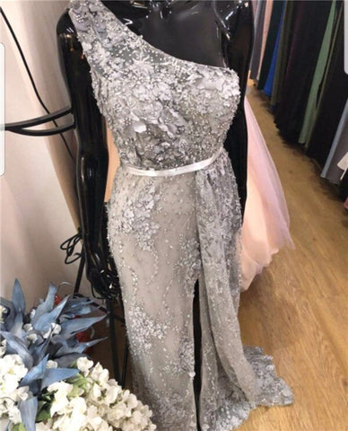 Vestido de noche de lujo sexy de un solo hombro con flores y perlas, hecho a mano, color vino tinto, LA60901 