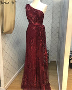 Wine Red Handmade Flowers Pearls Evening Dresses One-Shoulder Sexy Luxury Evening Gowns 2025 LA60901