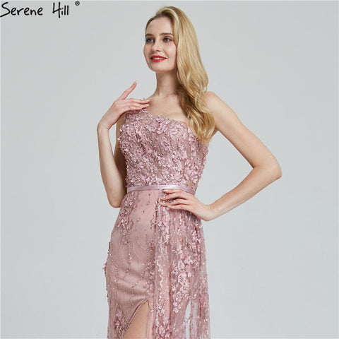 Vestido de noche de lujo sexy de un solo hombro con flores y perlas, hecho a mano, color vino tinto, LA60901 