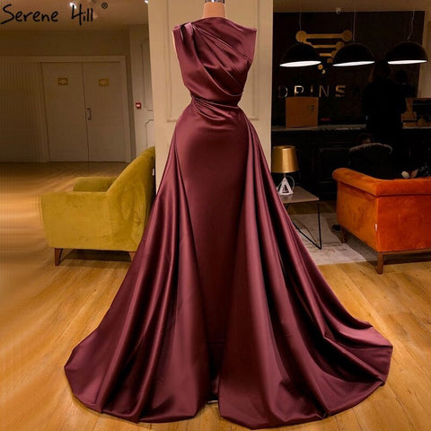 Vestido de noche sencillo de sirena color vino tinto, diseño 2025, sin mangas, de satén, con cordones, vestido formal LA70577 