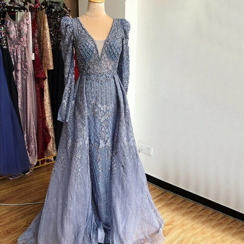 Vestido de noche estilo sirena color vino tinto con escote en V, estilo Dubái 2025, de lujo, con mangas largas y cuentas de cristal, vestido formal LA70537 